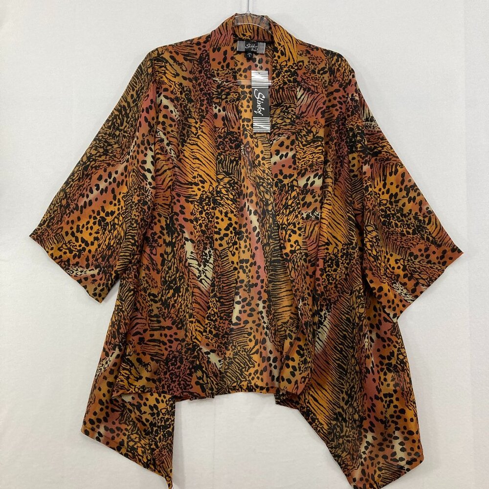 New Slinky Brand Large Open Brown Black Abstract Animal‎ Print Kimono Duster